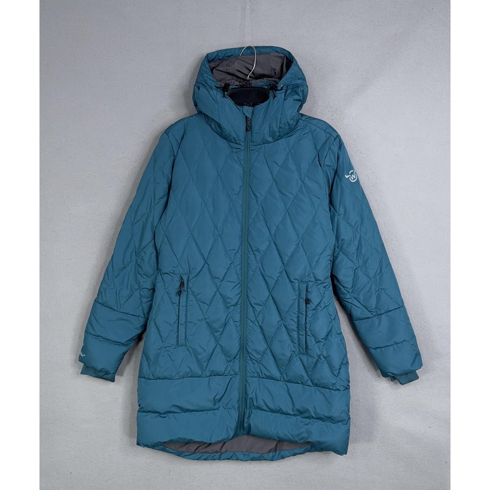 Moosejaw Coat Womens Large Blue Quilted Down Puffer Hooded Long Winter Jacket